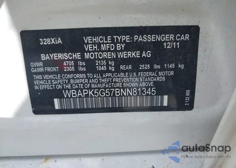 2011 BMW 328I xDrive from USA, damaged, VIN WBAPK5G57BNN81345